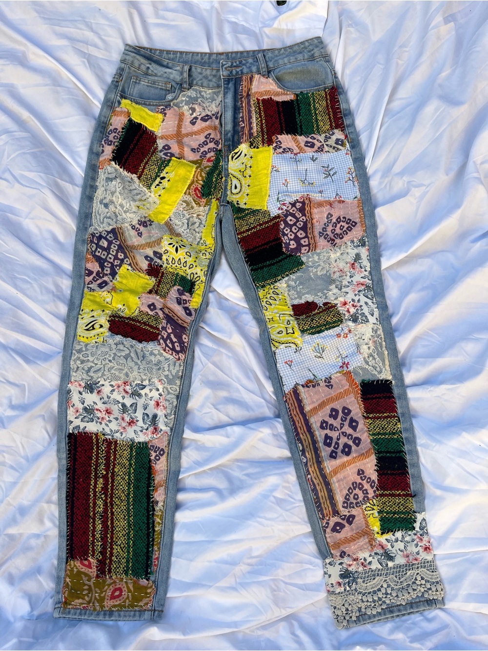 OOAK Reworked Colorful Patchwork Straight Jeans Boho Festival Free People